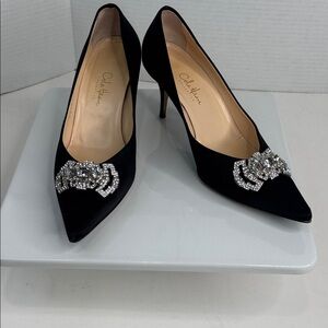 Cole Haan Briann Jeweled Pumps Black Satin Heels Crystal Accent -Ladies Size 7B